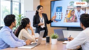 Employees participating in a professional financial inclusion training session focused on digital banking services.