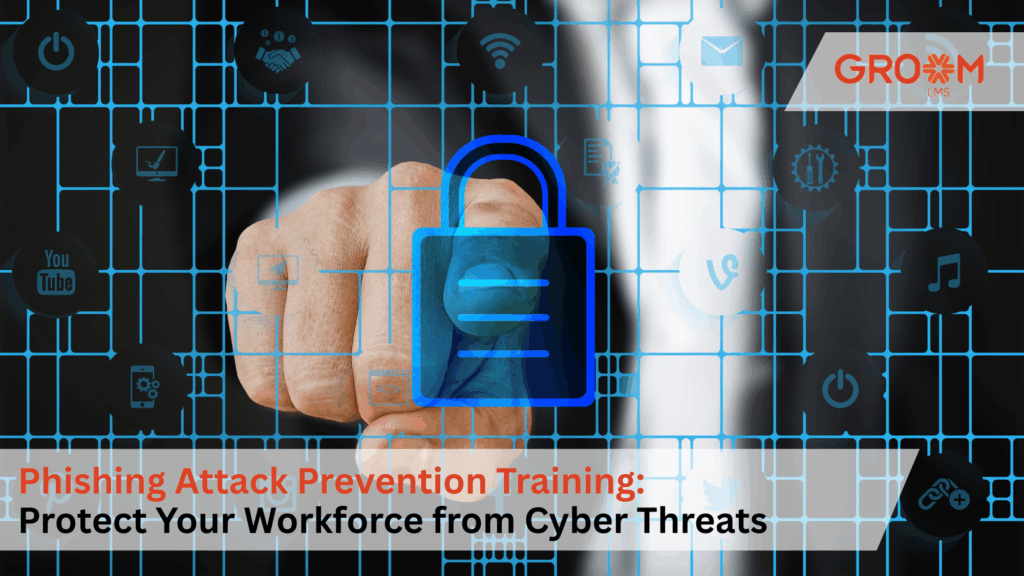 Cybersecurity illustration showing phishing attack prevention training with a digital lock and secure workforce concept.