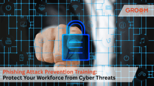 Cybersecurity illustration showing phishing attack prevention training with a digital lock and secure workforce concept.