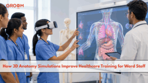 Healthcare professionals using a 3D anatomy simulation for interactive ward staff training.