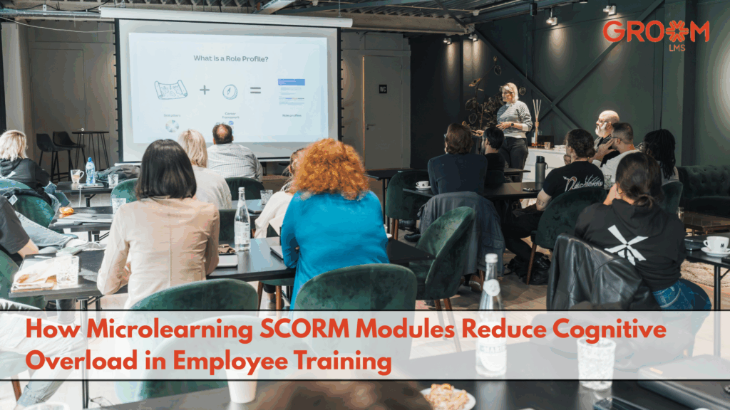 Employees participating in a microlearning SCORM training session with a presentation on reducing cognitive overload.
