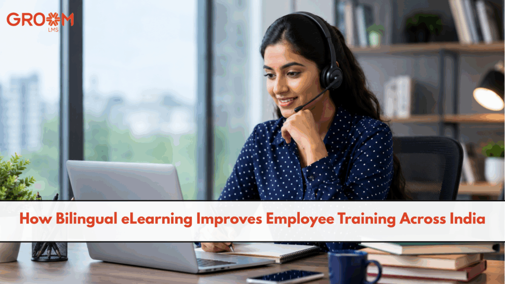 Professional learning environment showing an employee attending bilingual eLearning on a laptop during an online training session.