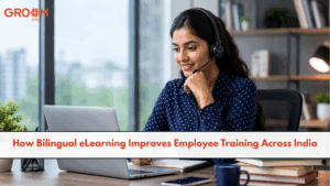 Professional learning environment showing an employee attending bilingual eLearning on a laptop during an online training session.