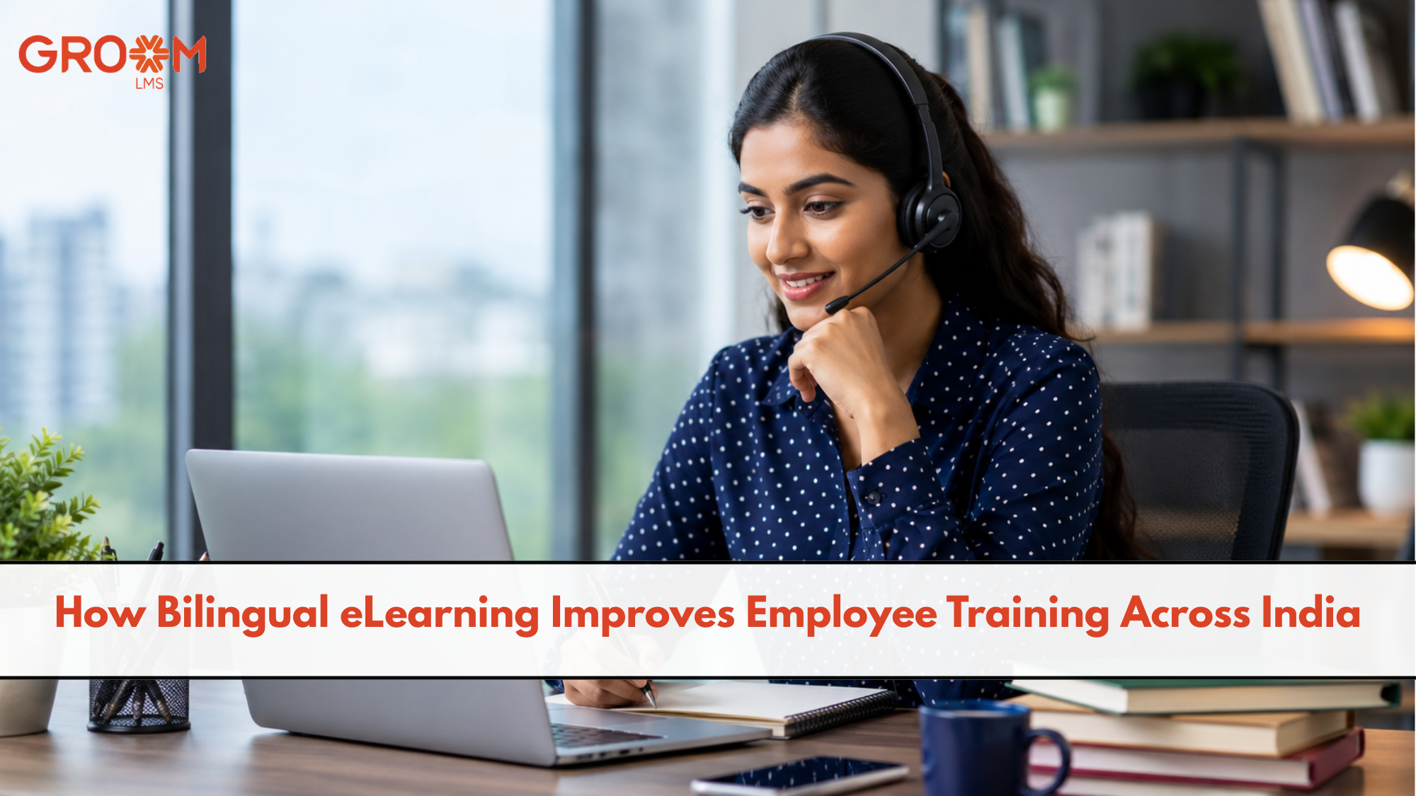 Professional learning environment showing an employee attending bilingual eLearning on a laptop during an online training session.