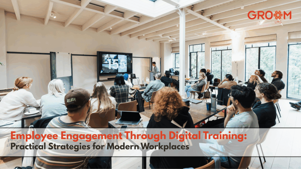 Employees attending a digital workplace training session in a modern office.