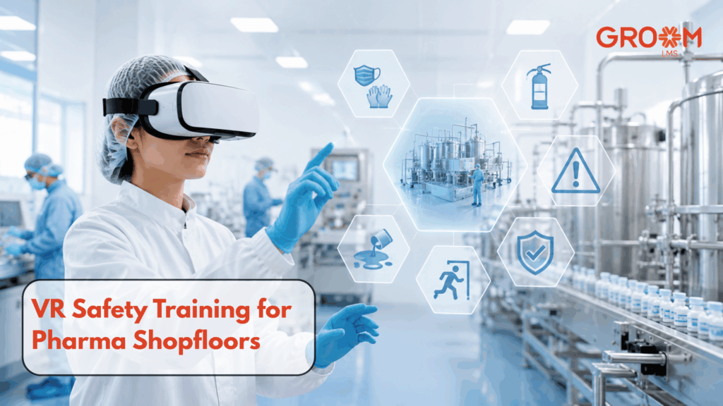 Employee using VR headset for pharma safety training in a manufacturing facility.