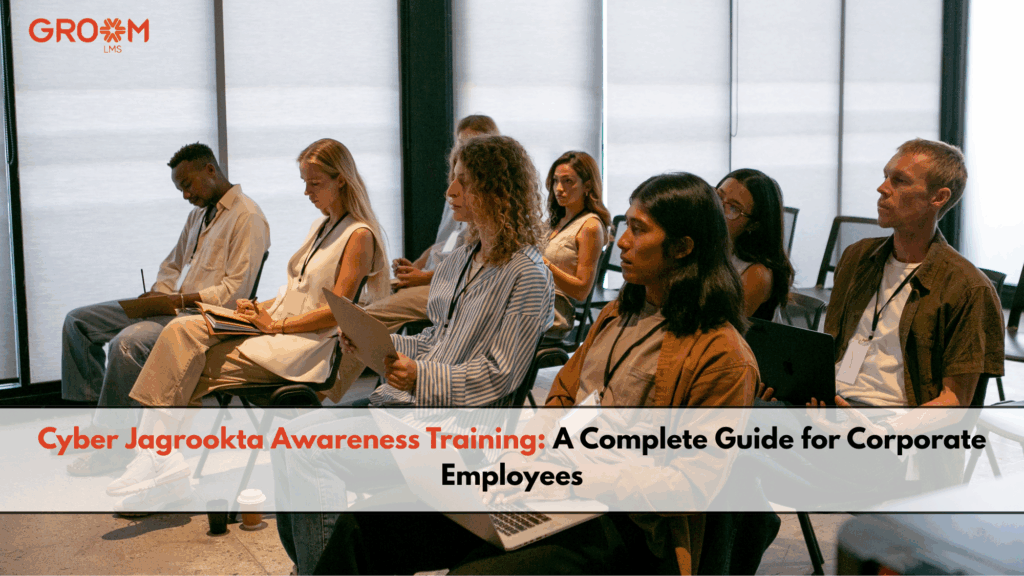 Employees attending a corporate Cyber Jagrookta awareness training session in a modern workplace.