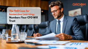 Professional executive reviewing business documents in a modern office meeting room.