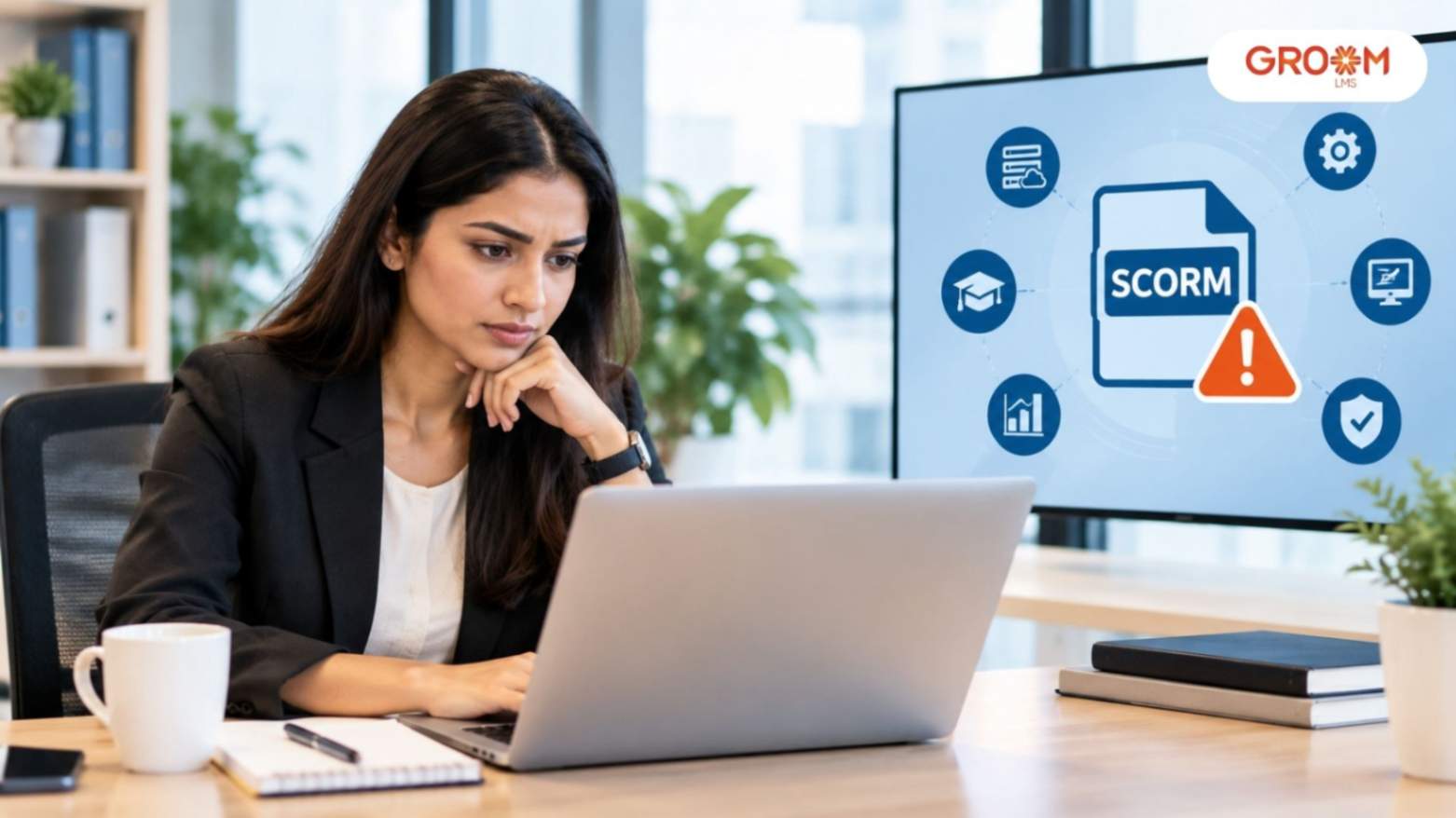 Employee reviewing SCORM compliance issues during online training in a modern office