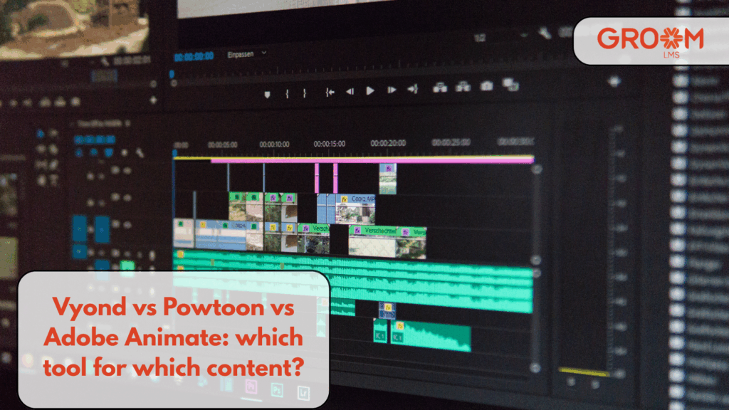 Video editing timeline illustrating a comparison of Vyond, Powtoon, and Adobe Animate for content creation.
