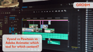 Video editing timeline illustrating a comparison of Vyond, Powtoon, and Adobe Animate for content creation.
