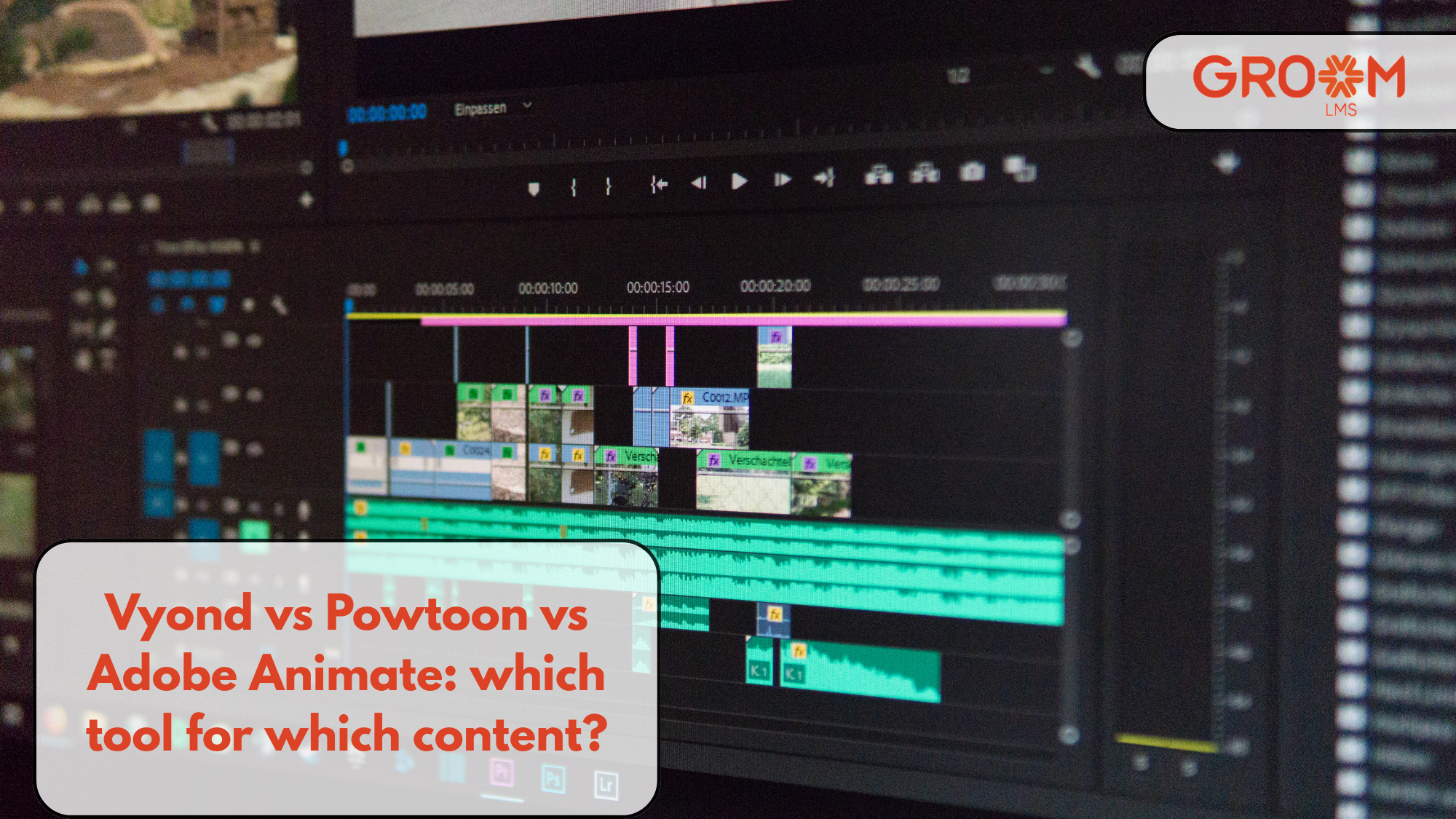 Video editing timeline illustrating a comparison of Vyond, Powtoon, and Adobe Animate for content creation.