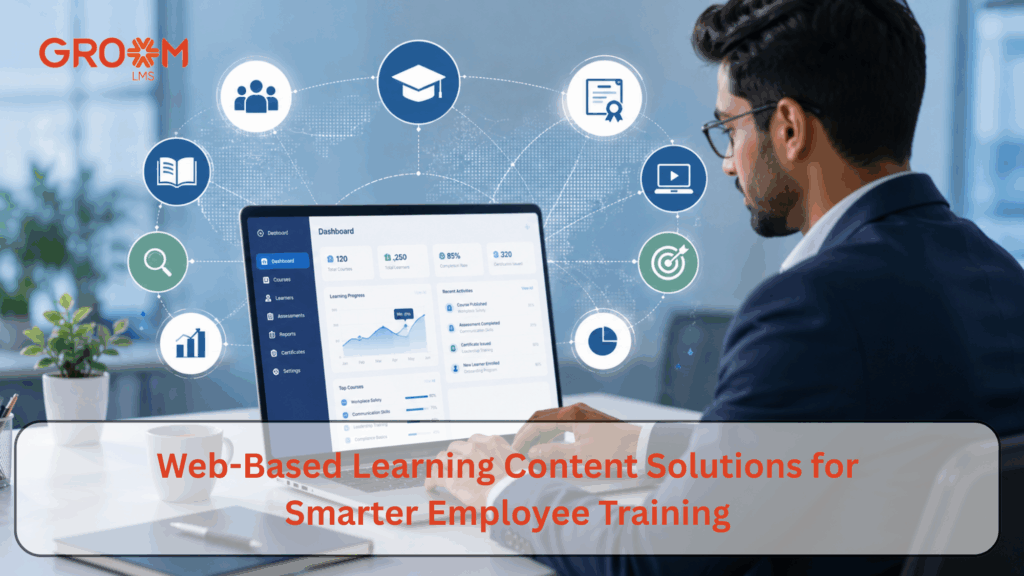 Professional using a web-based learning management platform on a laptop.