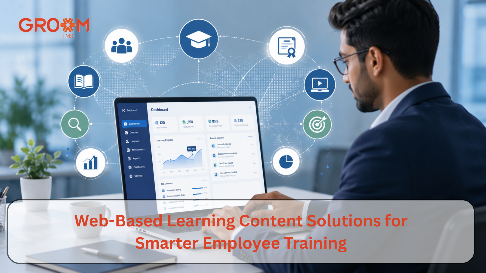 Professional using a web-based learning management platform on a laptop.