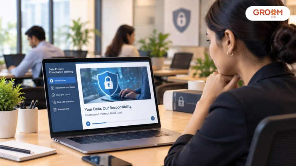 Employee completing data privacy compliance training on a laptop in a modern workplace.