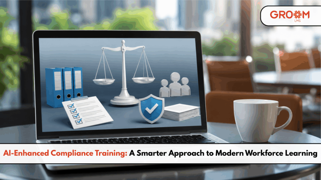 AI-enhanced compliance training displayed on a laptop in a corporate setting.