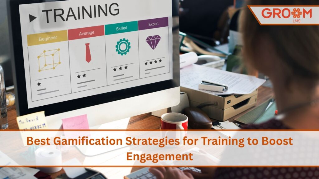Gamification-based employee training displayed on a computer screen with beginner, average, skilled, and expert learning levels