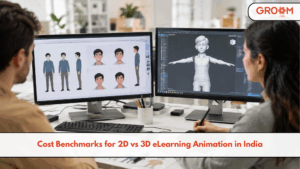 Professionals comparing 2D and 3D eLearning animation designs on dual monitors in a modern office.