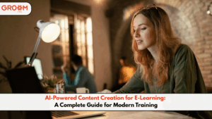 Professional creating AI-powered e-learning content on a laptop.