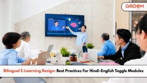 Corporate training session showcasing bilingual eLearning design with a Hindi-English toggle module presentation on a digital screen.