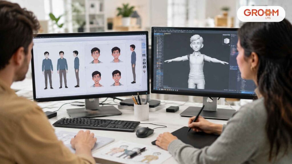 Employees creating customized compliance training content on computers