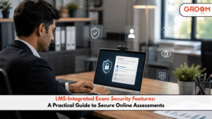 Professional taking a secure online exam on a laptop with digital security controls.