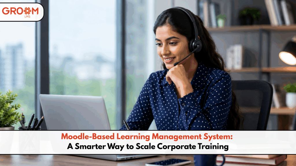 Professional using a Moodle-based learning management system for online corporate training on a laptop.