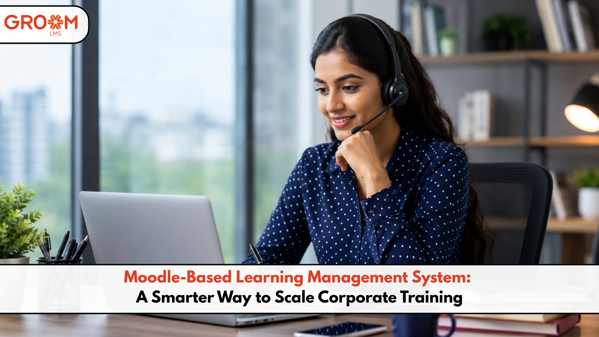 Professional using a Moodle-based learning management system for online corporate training on a laptop.