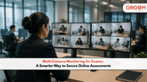Professional monitoring team using multi-camera surveillance to oversee secure online examinations in a modern corporate environment.