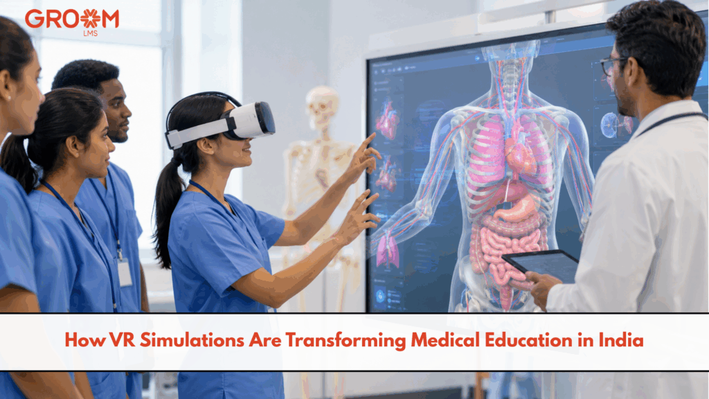 Medical students using VR simulation technology for anatomy and clinical training in a modern healthcare classroom.