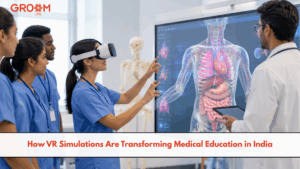 Medical students using VR simulation technology for anatomy and clinical training in a modern healthcare classroom.
