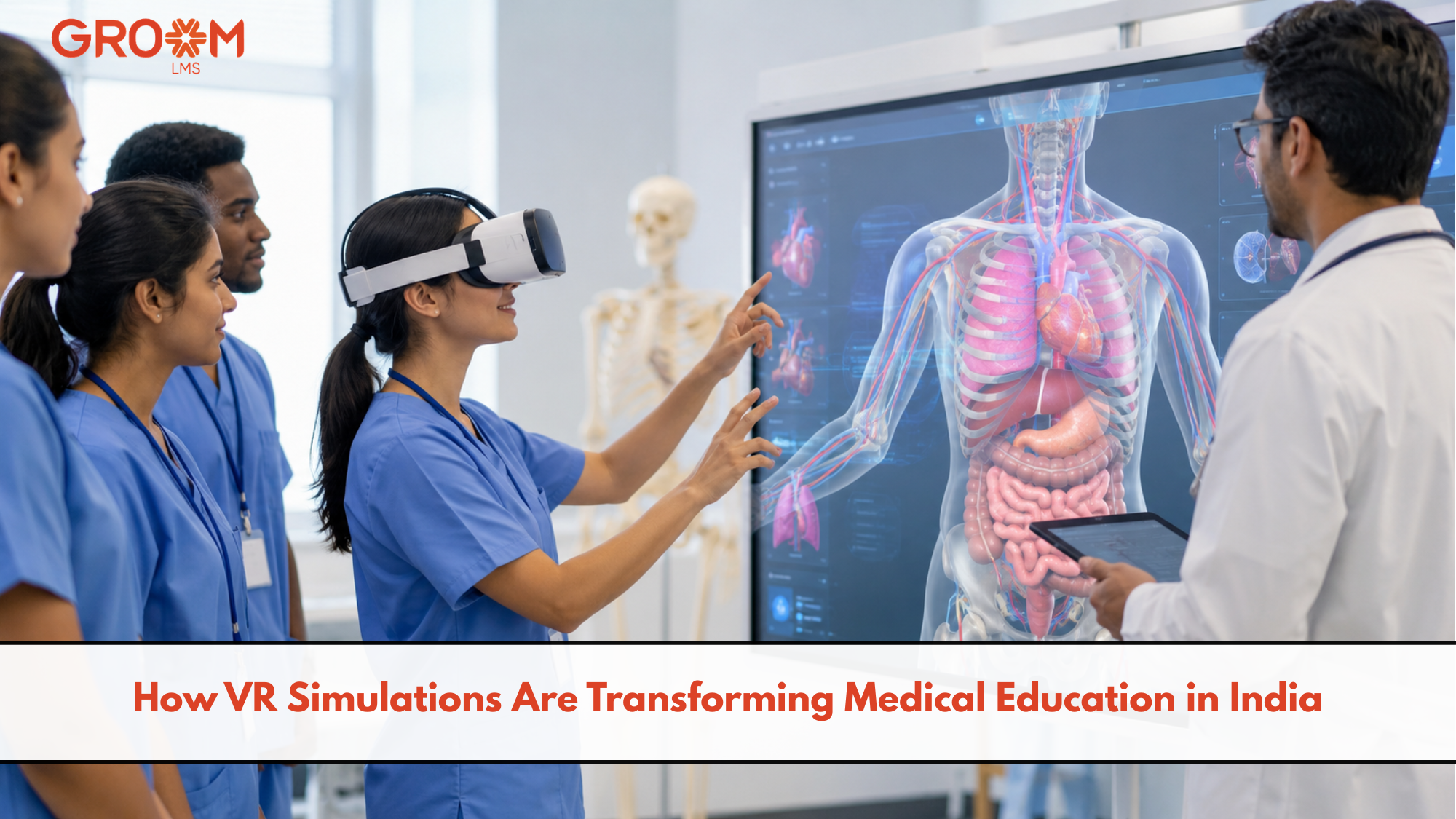 Medical students using VR simulation technology for anatomy and clinical training in a modern healthcare classroom.