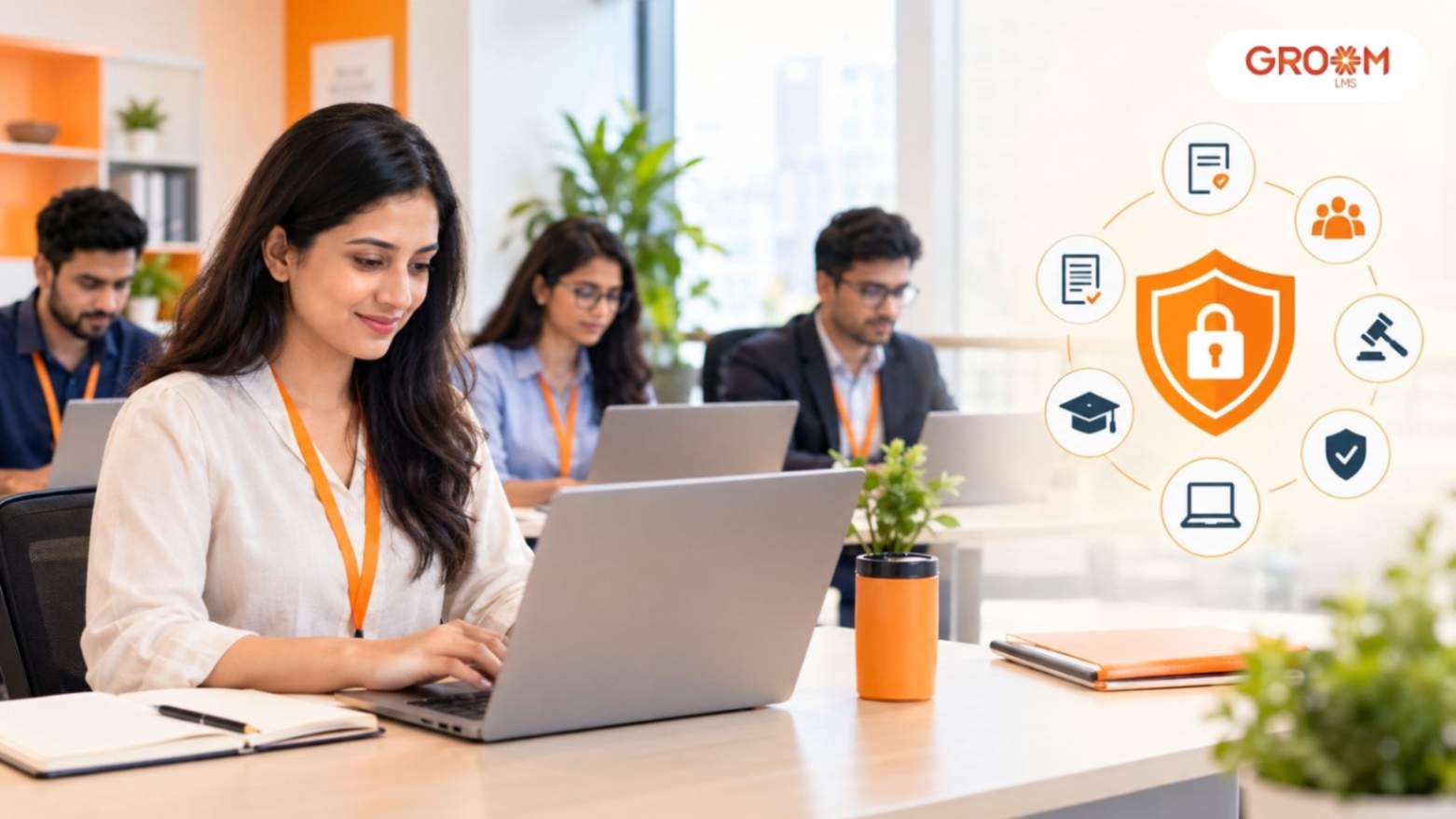 Employees completing online compliance training in a professional workplace
