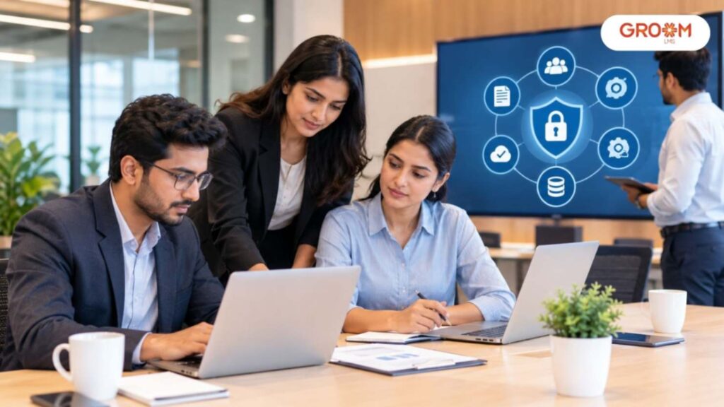 Employees collaborating on corporate digital compliance in a modern office