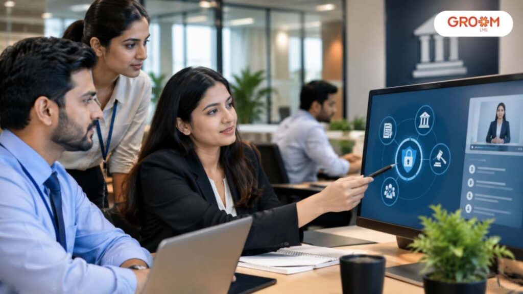 Employees completing digital compliance training in a professional banking office.