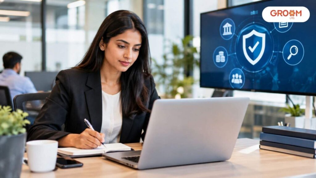Employee completing financial compliance training in a modern workplace