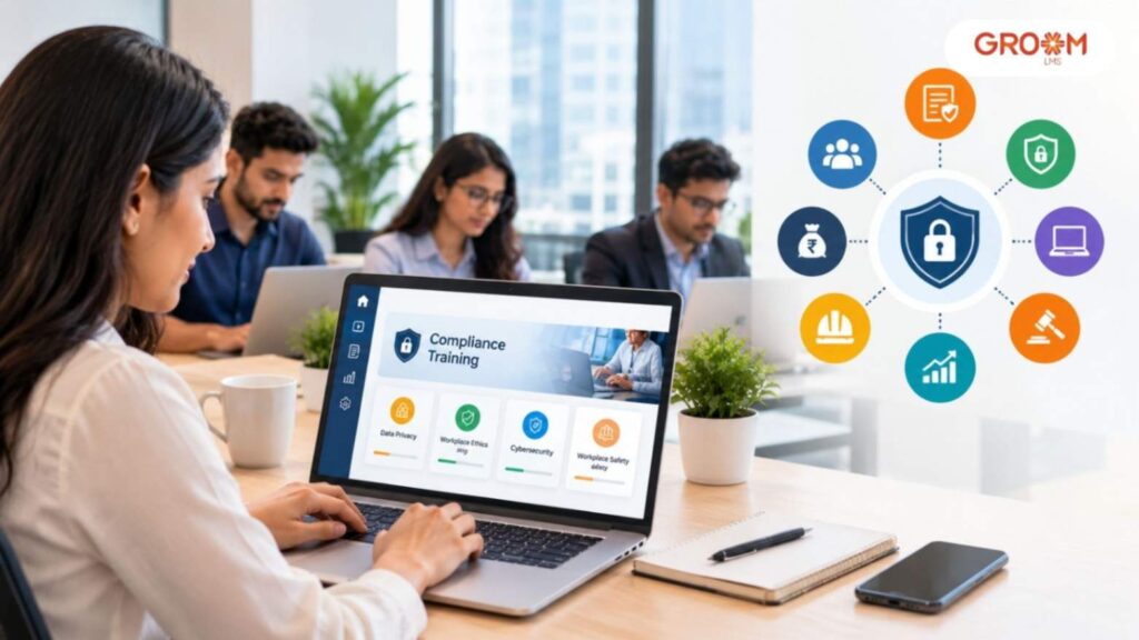 Employees participating in online compliance courses in a modern corporate workplace