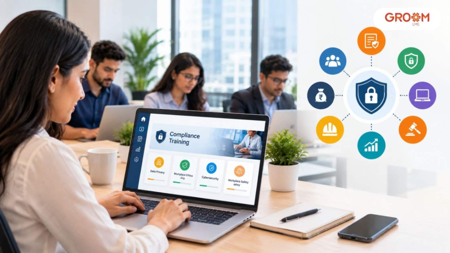 Employees participating in online compliance courses in a modern corporate workplace