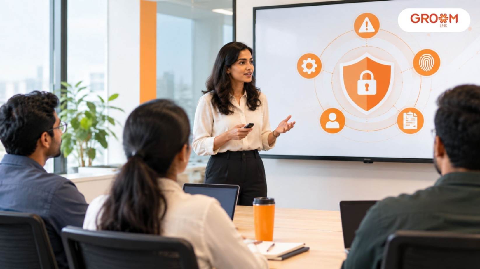 Employees participating in online risk management training in a modern corporate workplace