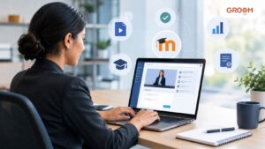 Employee completing SCORM-based online training through an LMS in a professional workplace