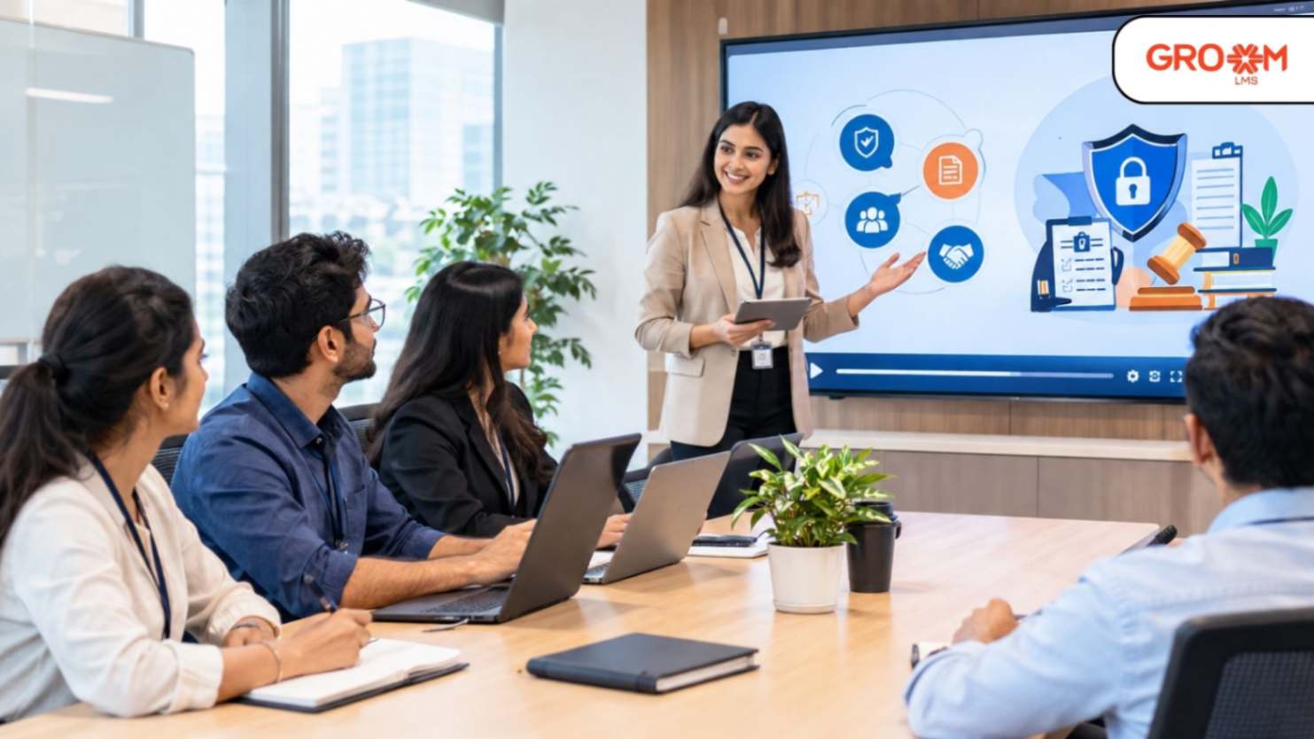 Employees participating in corporate compliance e-learning training in a modern office