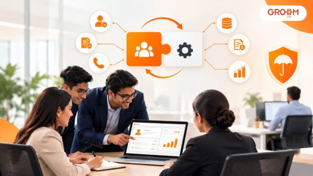 Employees collaborating in a modern office with visual elements representing CRM and ERP integration for insurance brokerage operations.