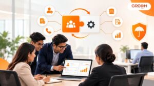 Employees collaborating in a modern office with visual elements representing CRM and ERP integration for insurance brokerage operations.