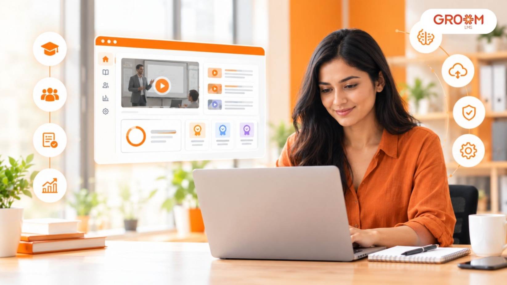 Employee using a laptop for digital learning in a modern office with an orange-and-white learning environment.