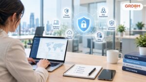 Professional monitoring cybersecurity systems on a laptop in a modern office.