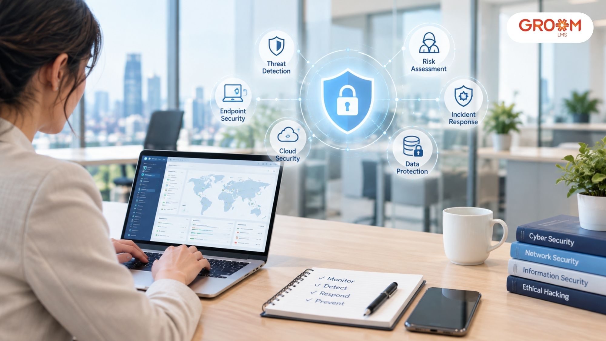 Professional monitoring cybersecurity systems on a laptop in a modern office.