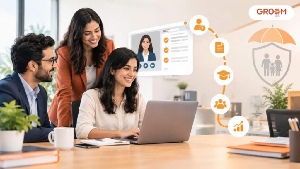 Insurance professionals collaborating in a modern office with digital onboarding tools, online training, and insurance protection visuals.