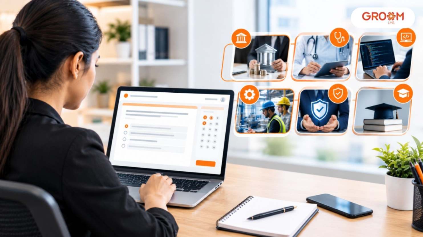 Professional taking an industry-specific online assessment on a laptop in a modern office, with visuals representing different industries.