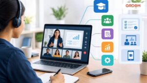 Employee attending an online training session using an LMS platform in a modern office.