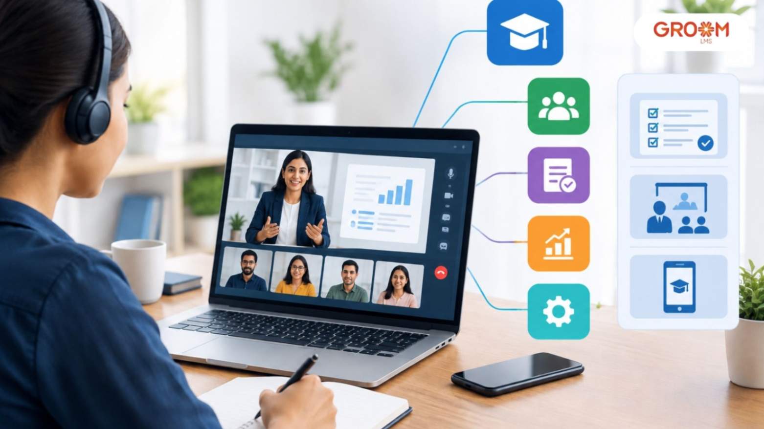 Employee attending an online training session using an LMS platform in a modern office.